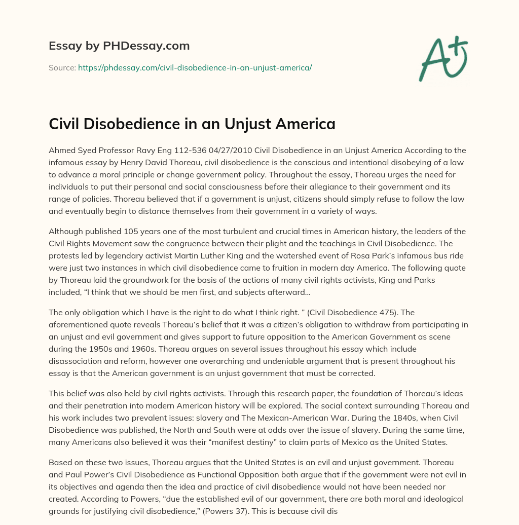 Civil Disobedience in an Unjust America essay