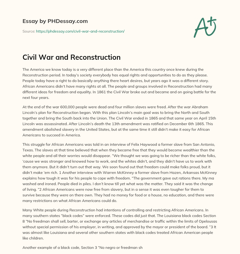 essay on civil war and reconstruction