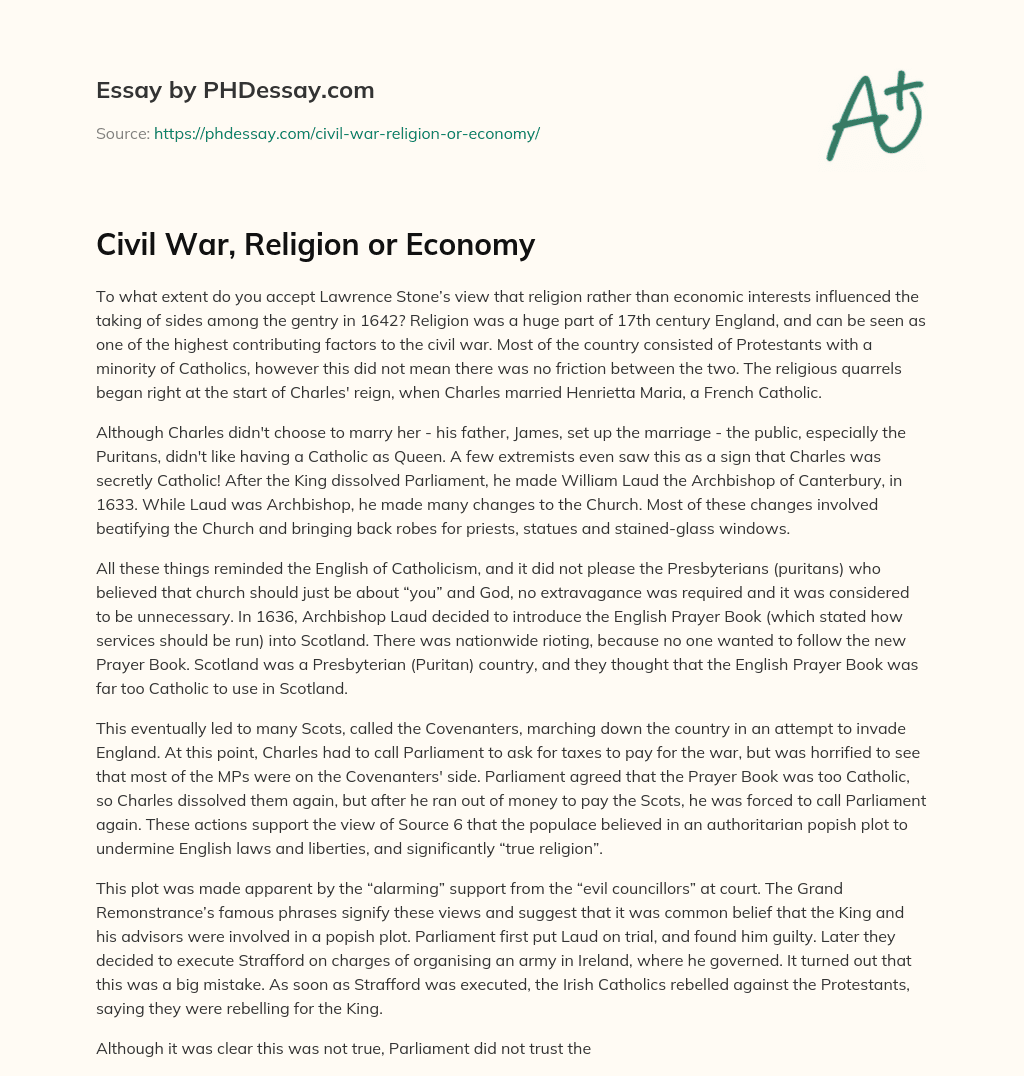 Civil War, Religion or Economy essay