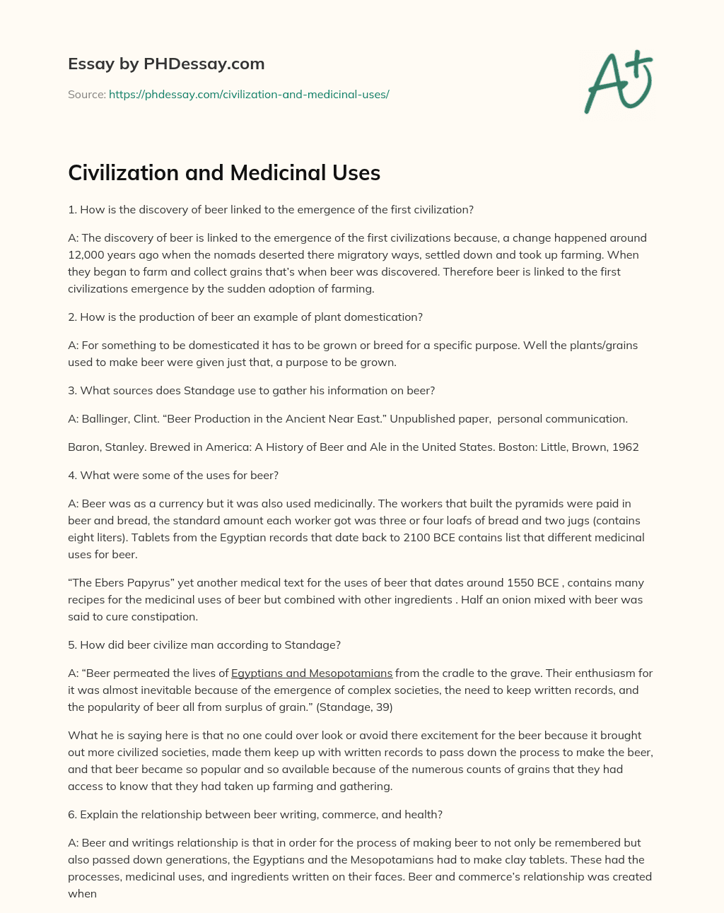 Civilization and Medicinal Uses essay