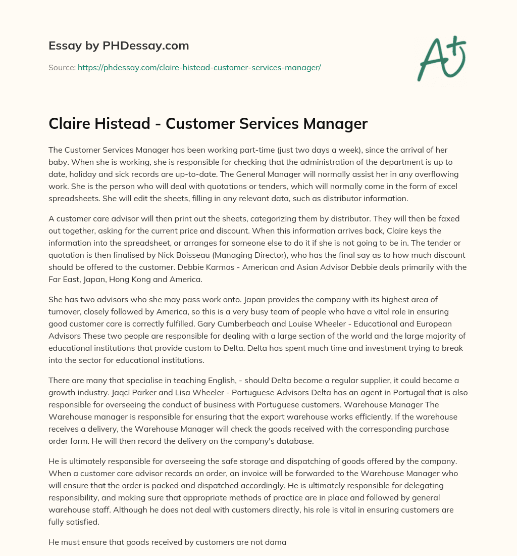 Claire Histead – Customer Services Manager essay