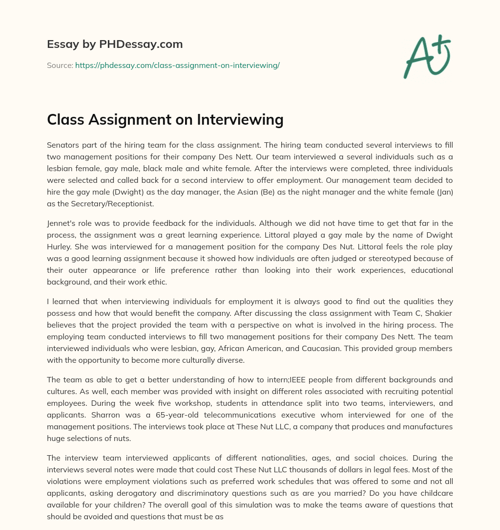 Class Assignment on Interviewing essay