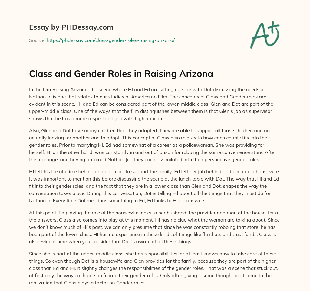 Class and Gender Roles in Raising Arizona essay