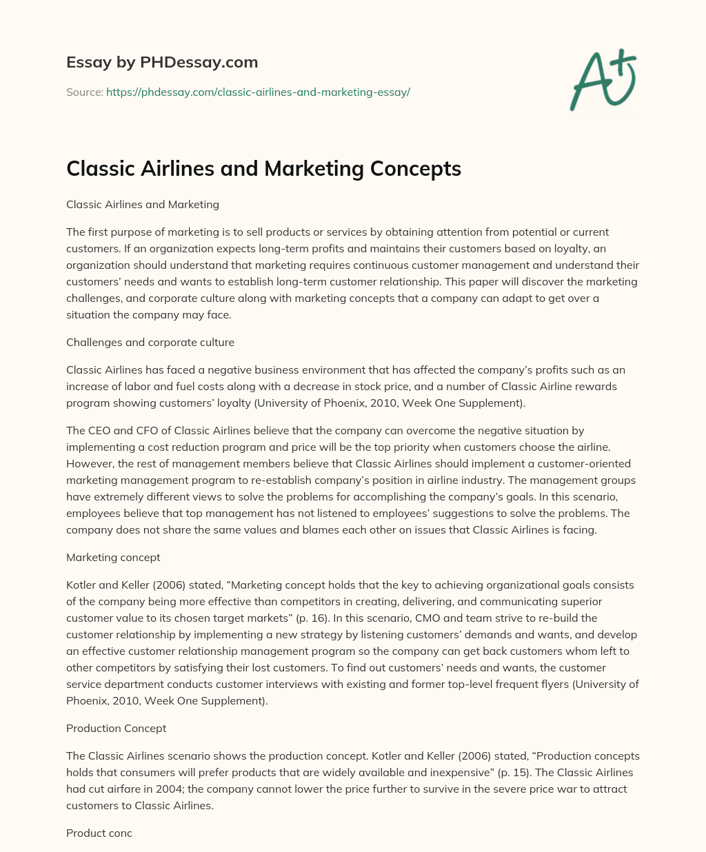Classic Airlines and Marketing Concepts essay