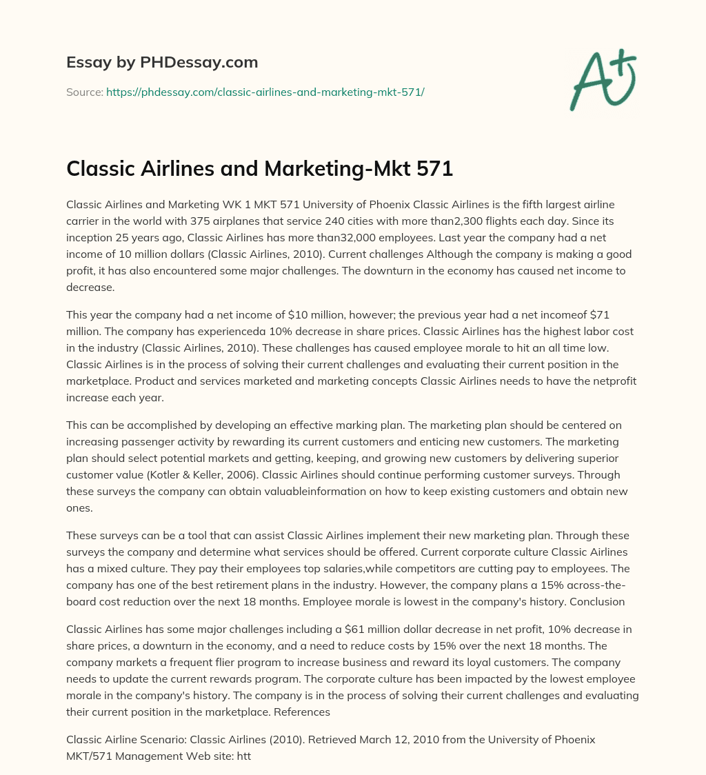 Classic Airlines and Marketing-Mkt 571 essay