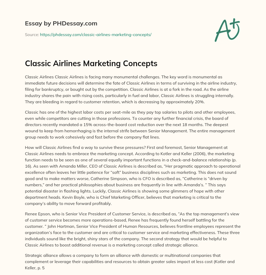 Classic Airlines Marketing Concepts essay
