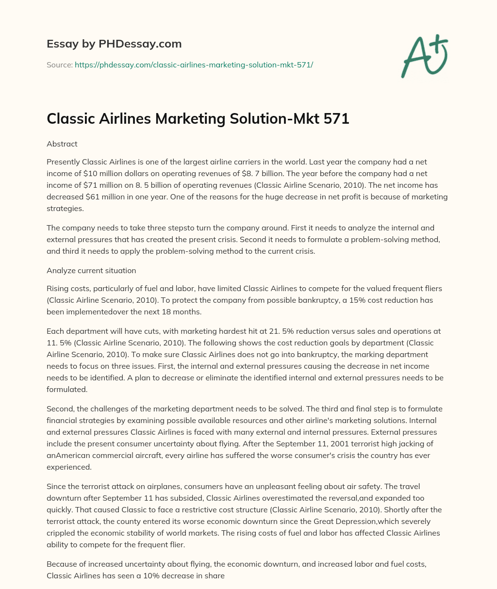 Classic Airlines Marketing Solution-Mkt 571 essay