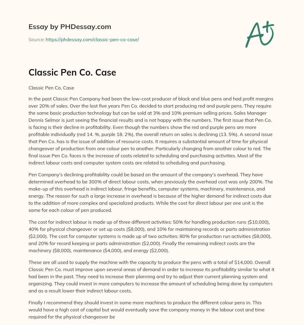 Classic Pen Co. Case essay