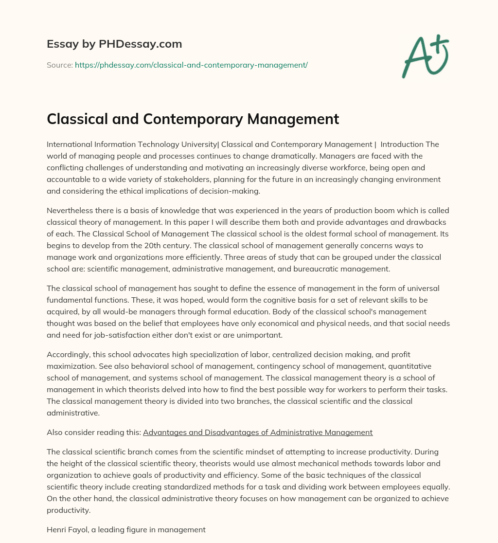 Classical and Contemporary Management essay