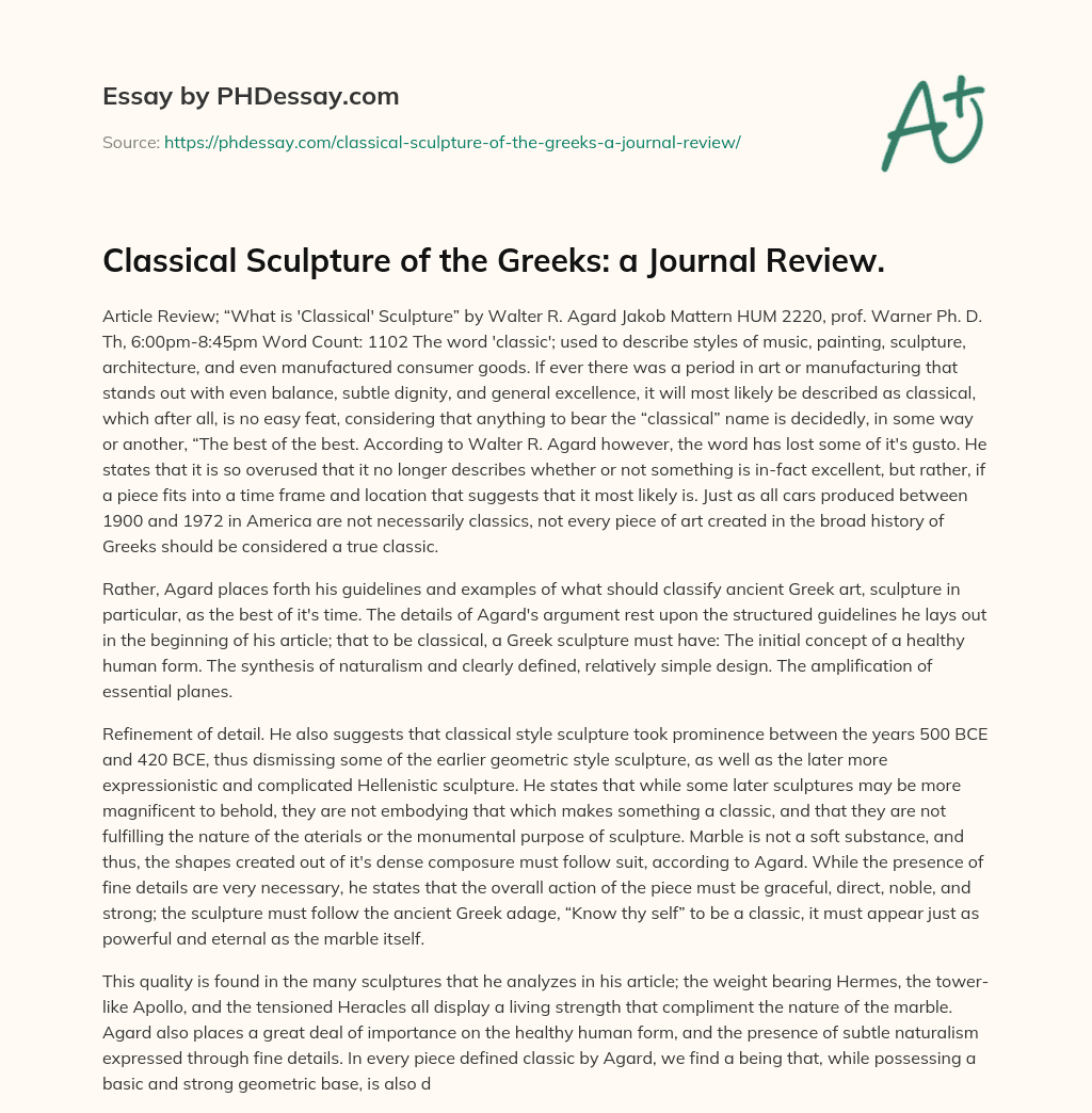 Classical Sculpture of the Greeks: a Journal Review. essay