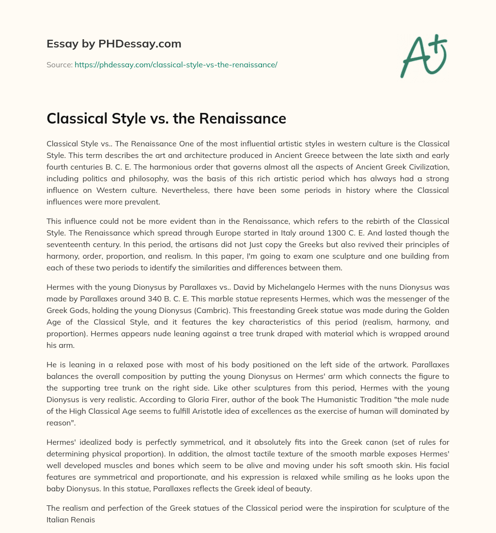Classical Style vs. the Renaissance essay