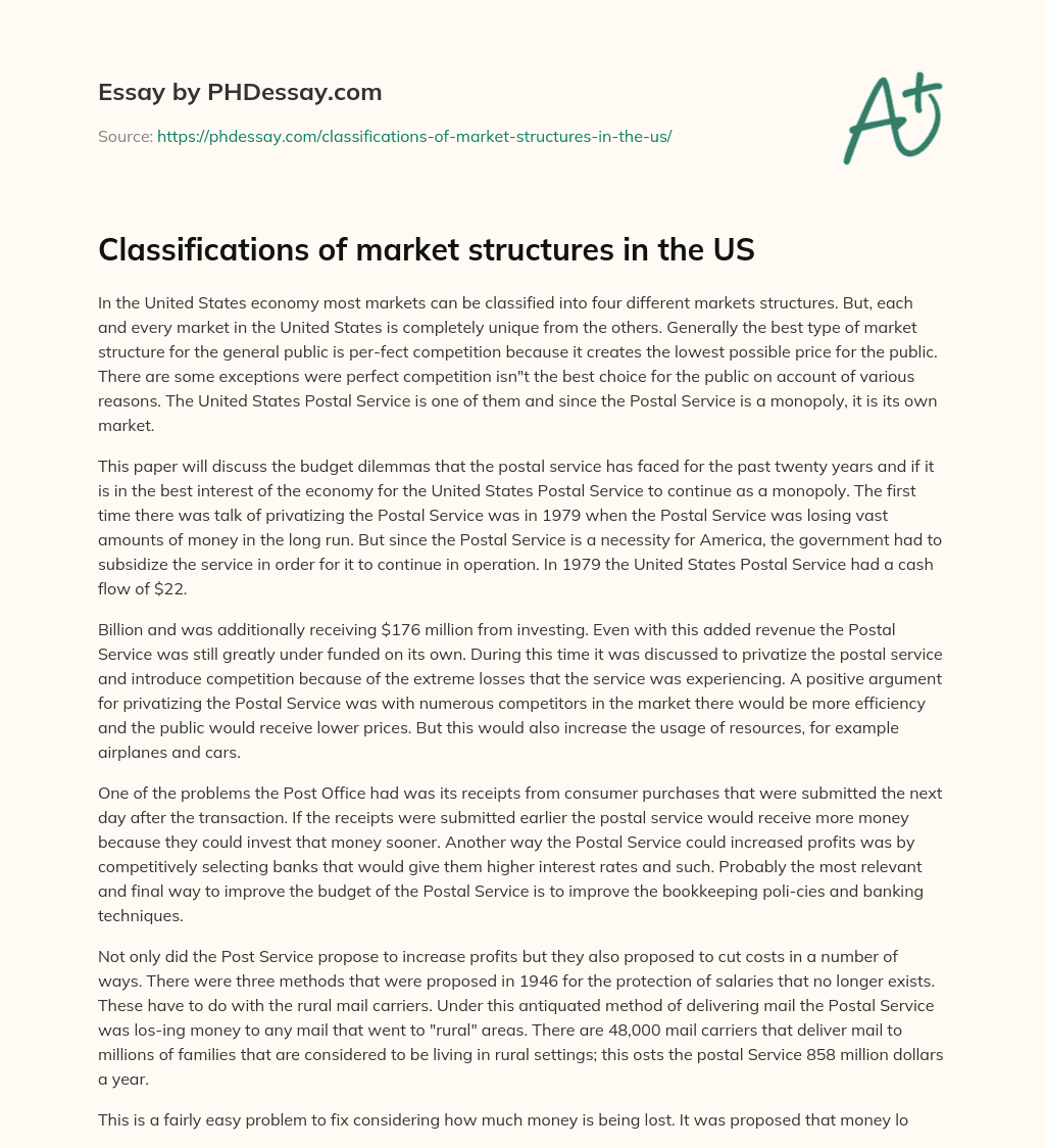 Classifications of market structures in the US essay
