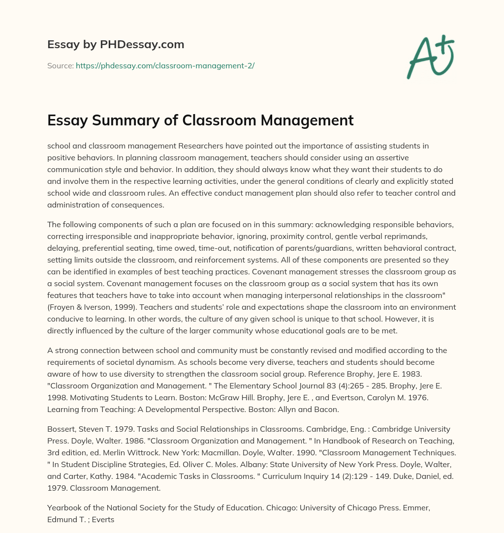 Essay Summary of Classroom Management essay
