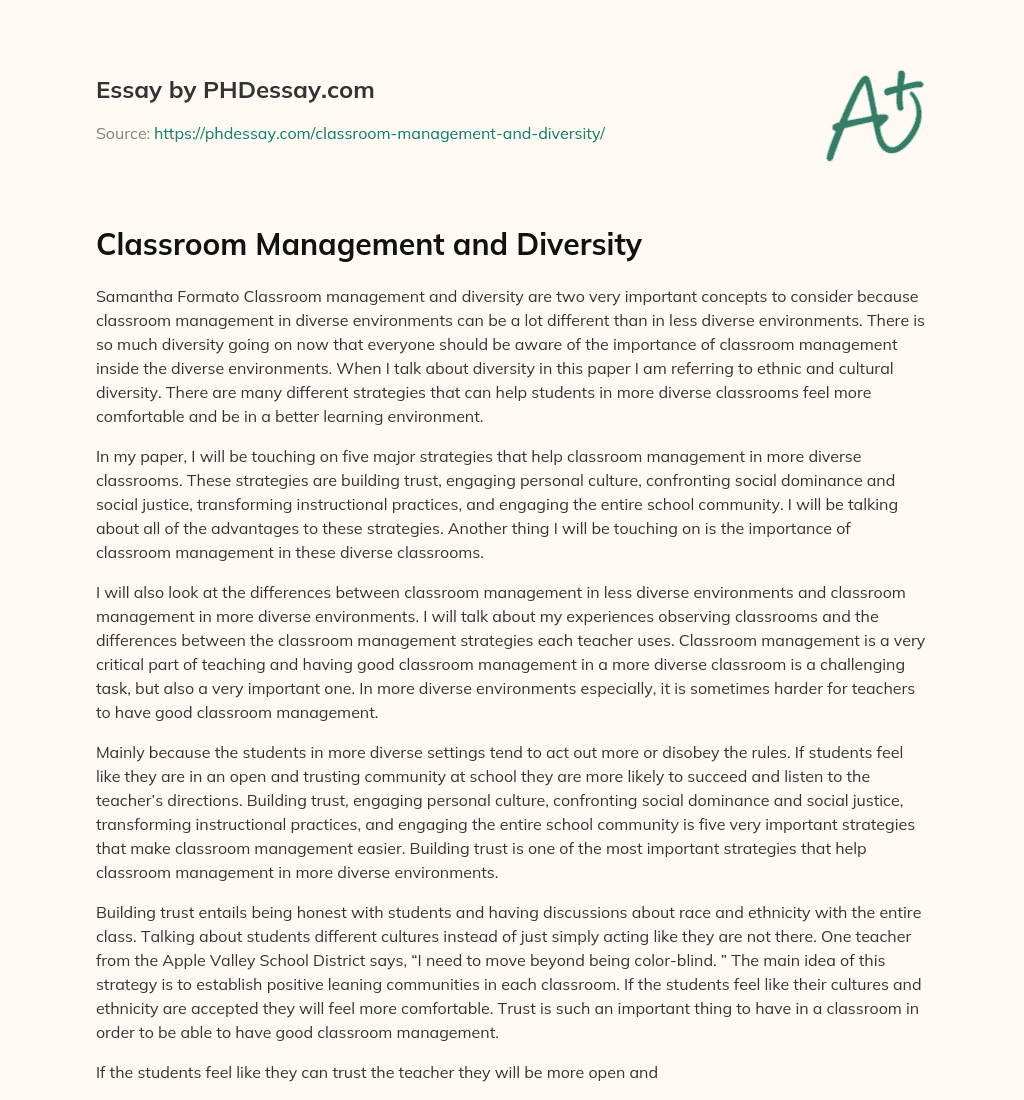 Classroom Management and Diversity essay
