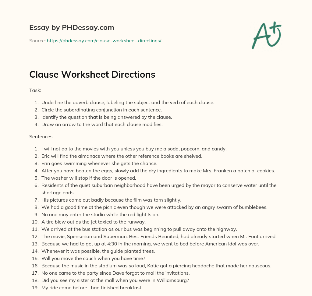 Clause Worksheet Directions essay