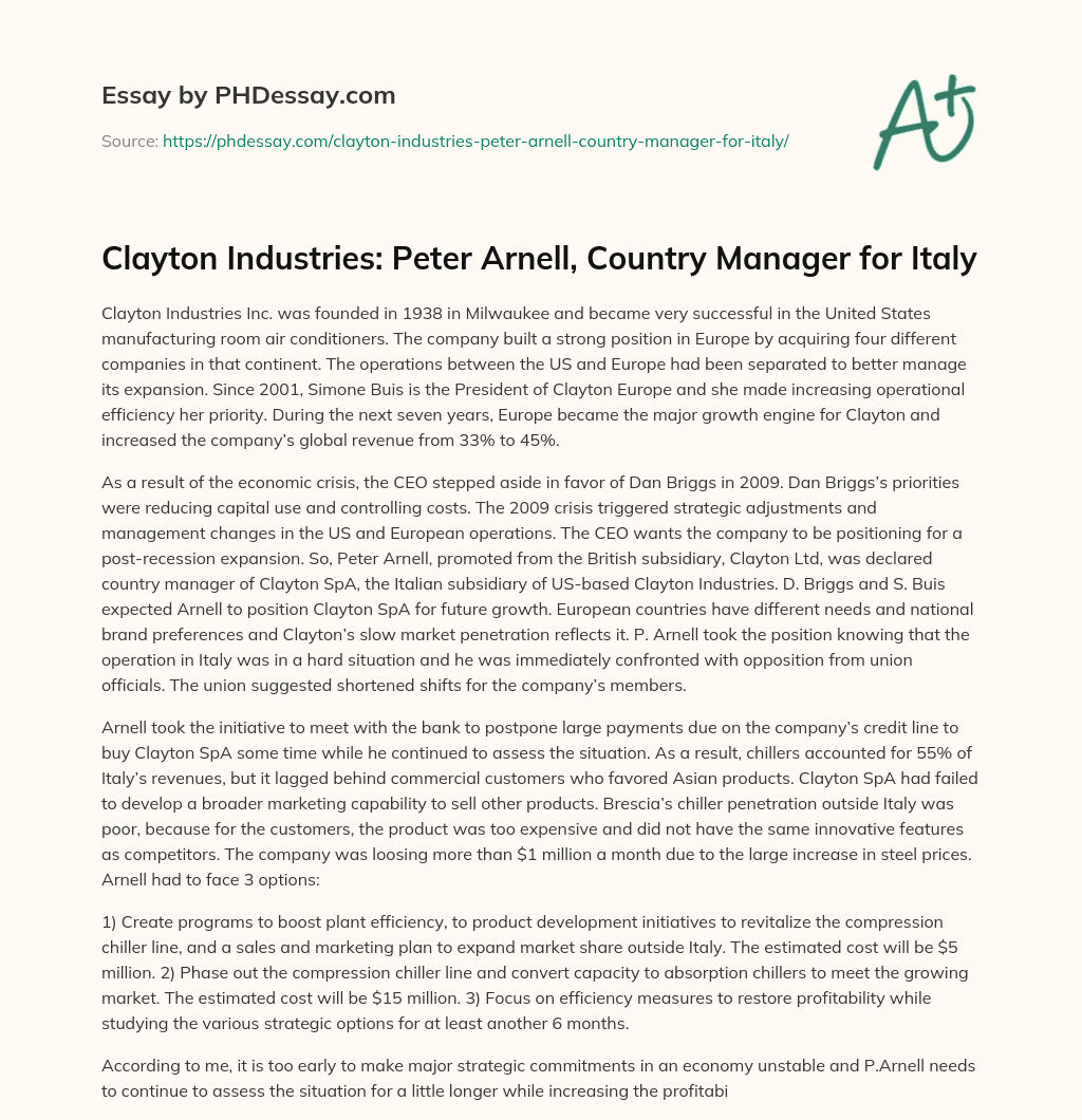 Clayton Industries: Peter Arnell, Country Manager for Italy essay