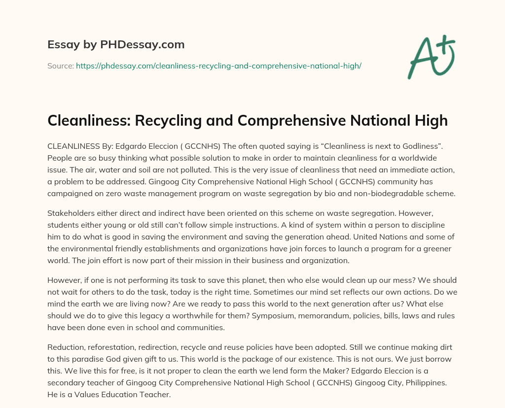Cleanliness: Recycling and Comprehensive National High essay