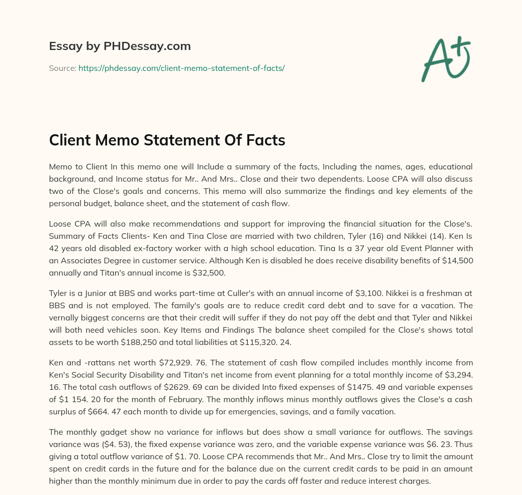 Client Memo Statement Of Facts essay