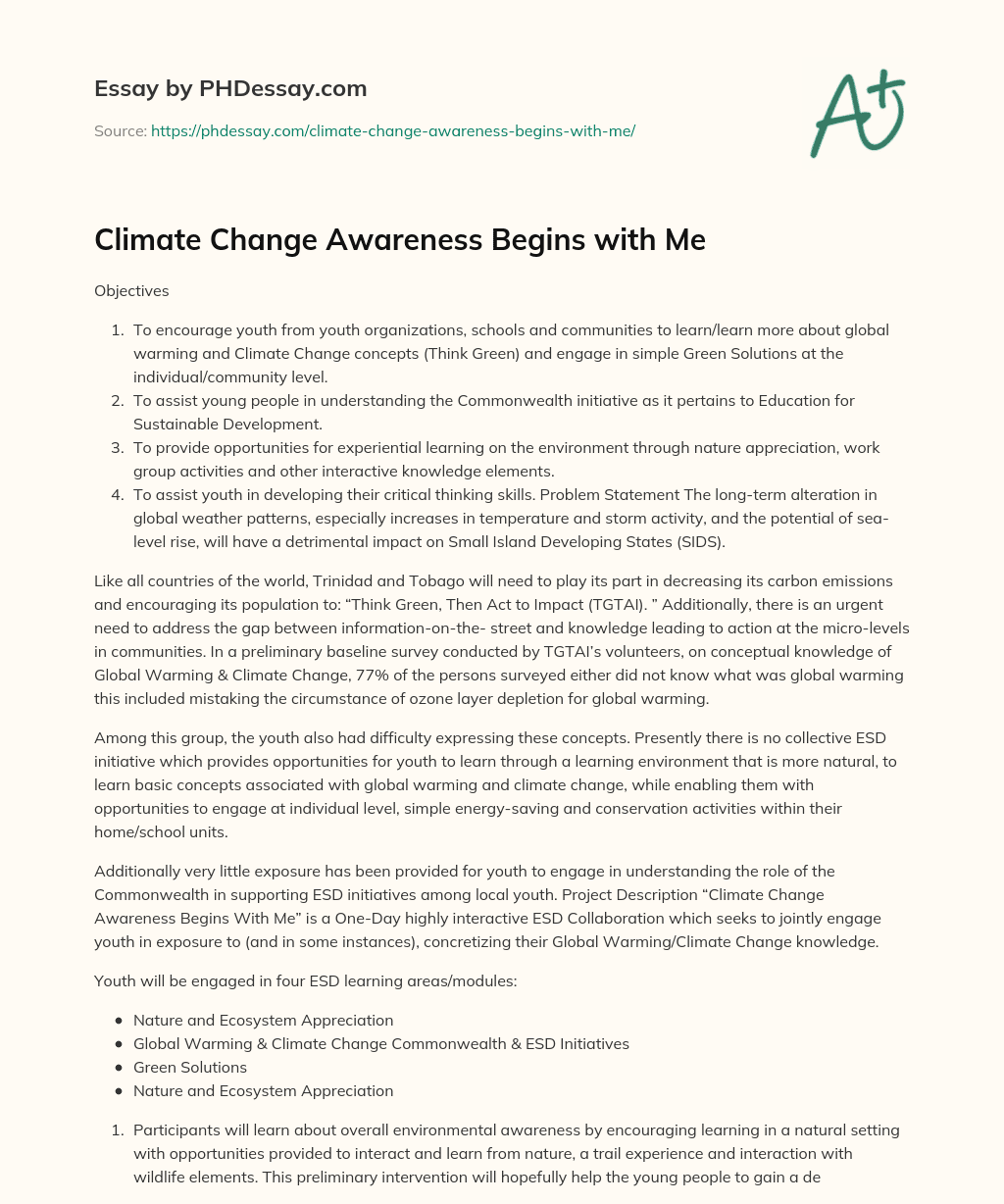 Climate Change Awareness Begins with Me essay