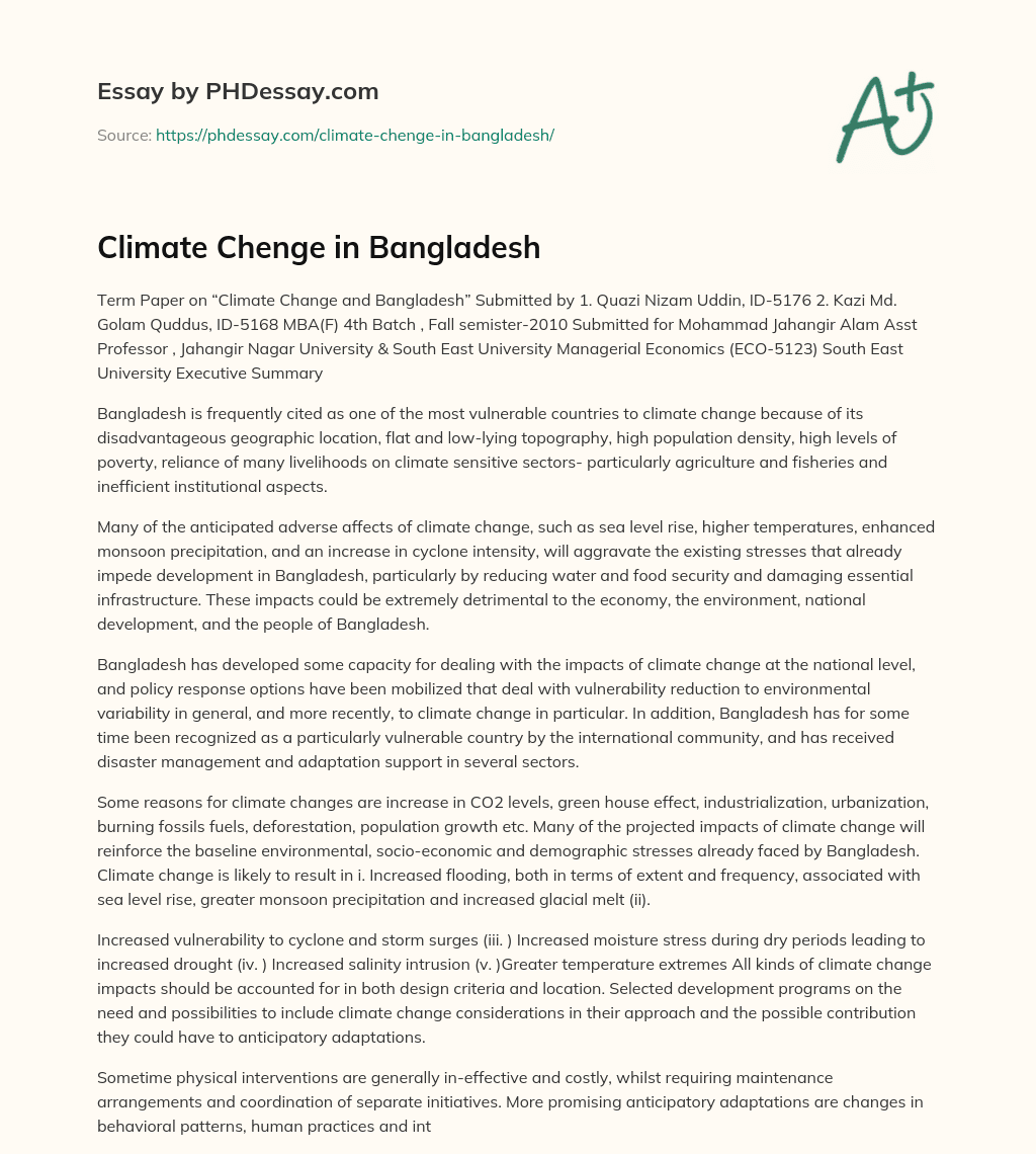Climate Chenge in Bangladesh essay