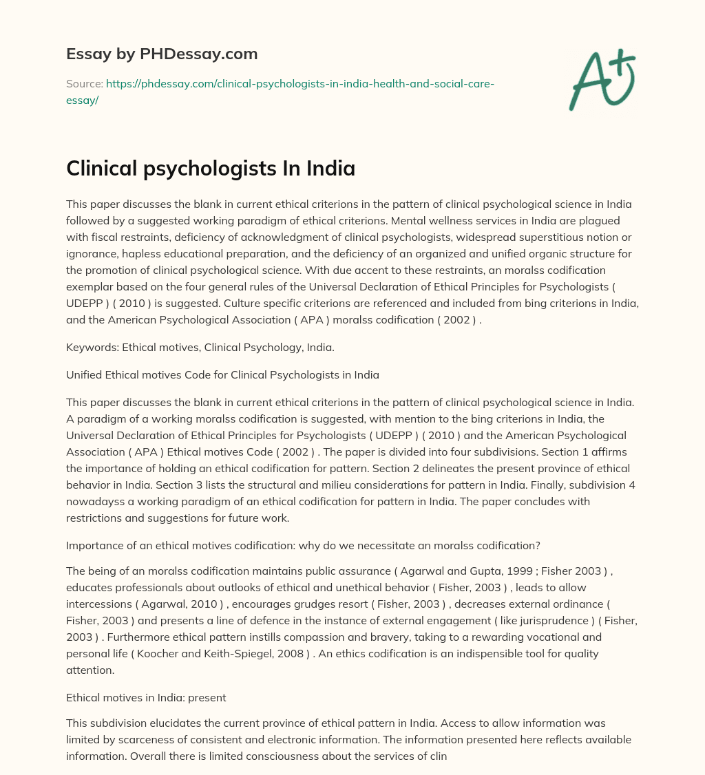 Clinical psychologists In India essay