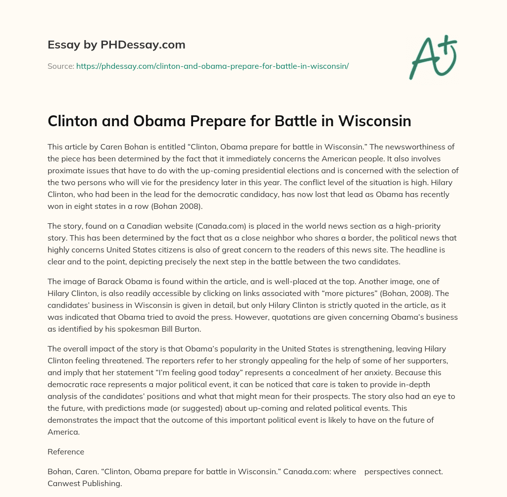 Clinton and Obama Prepare for Battle in Wisconsin essay