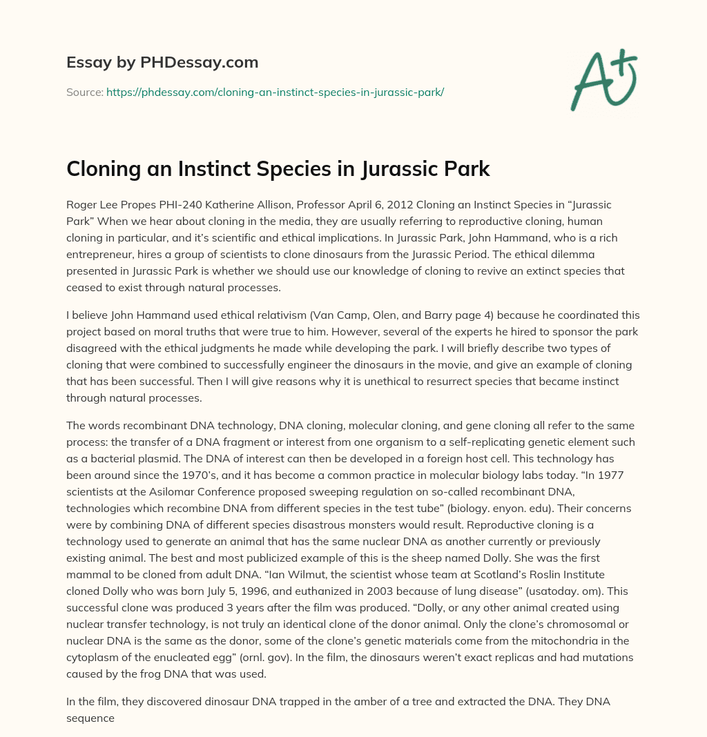 Cloning an Instinct Species in Jurassic Park essay