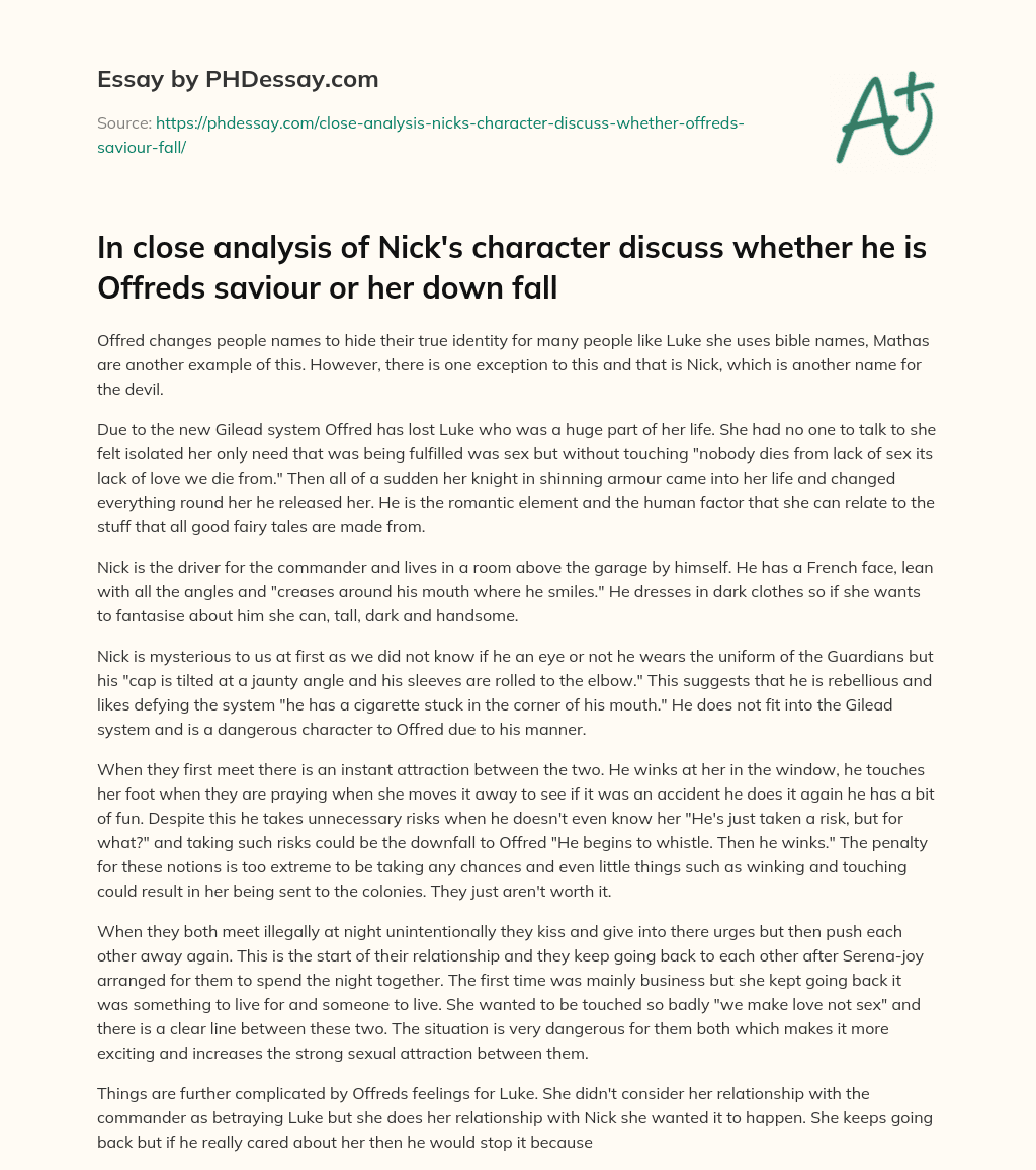 Offred’s Relationship with Nick in The Handmaid’s Tale essay