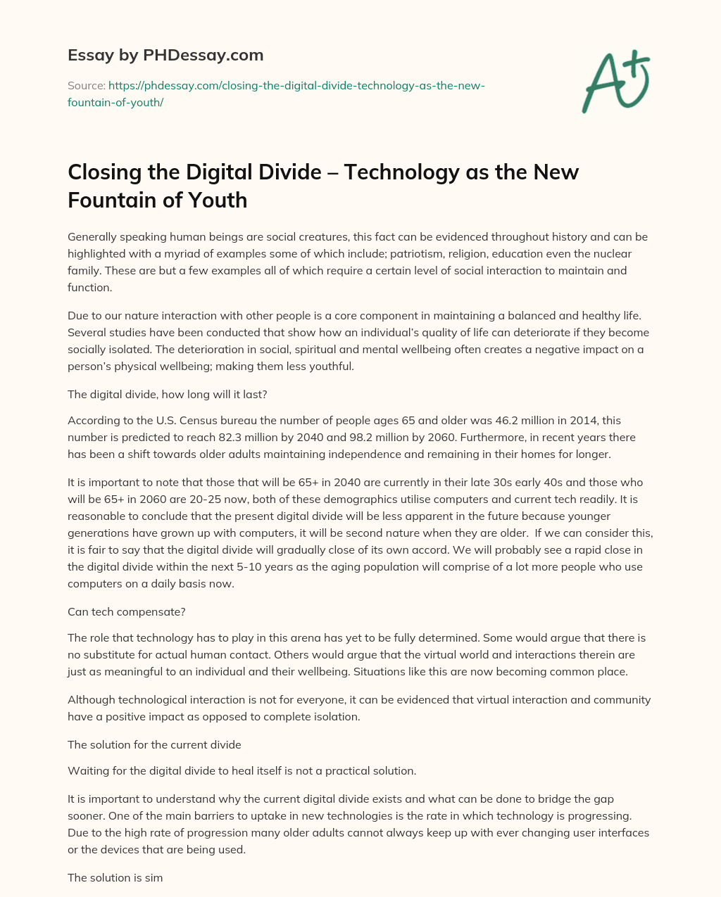 Closing the Digital Divide – Technology as the New Fountain of Youth essay