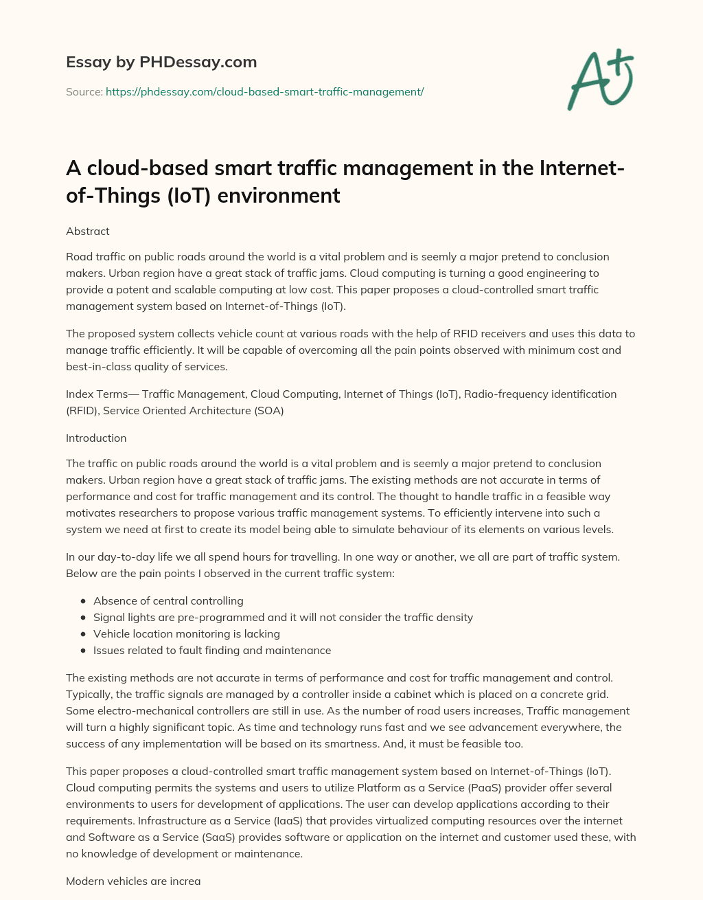 A cloud-based smart traffic management in the Internet-of-Things (IoT) environment essay