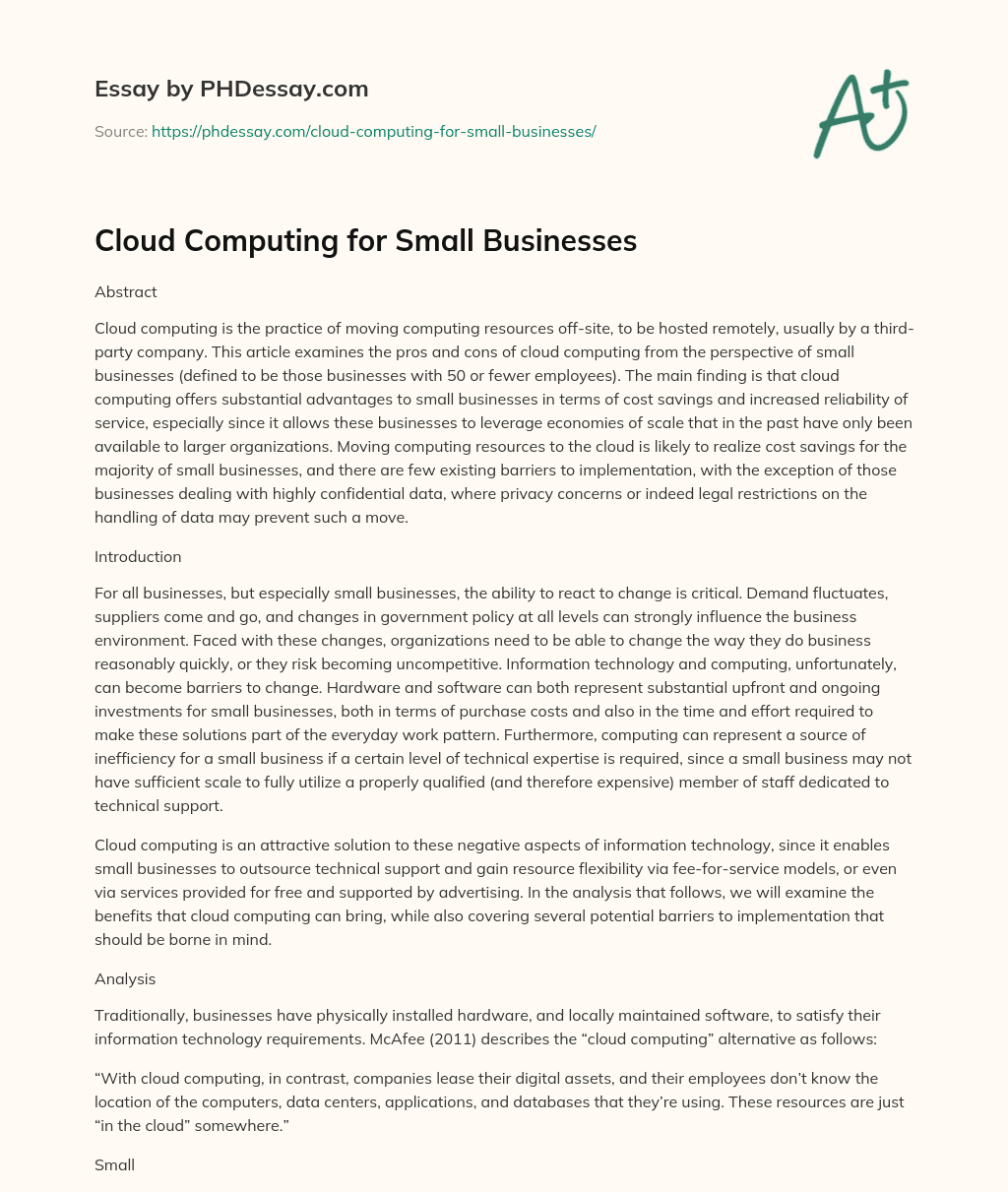 Cloud Computing for Small Businesses essay