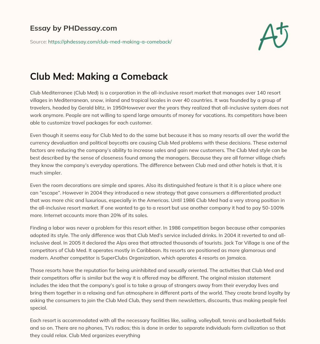 Club Med: Making a Comeback essay