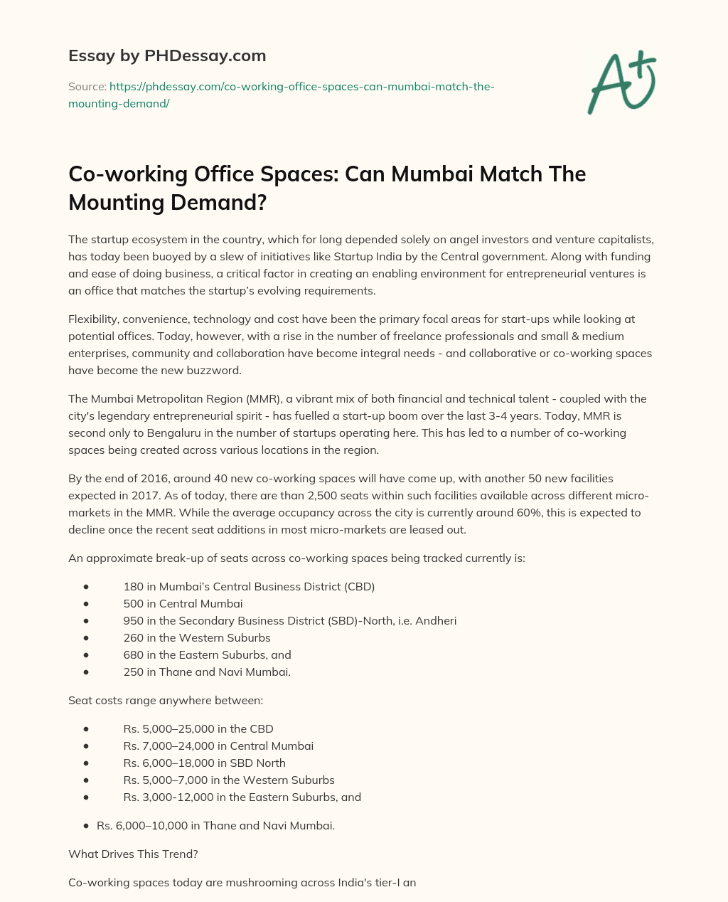 Co-working Office Spaces: Can Mumbai Match The Mounting Demand? essay