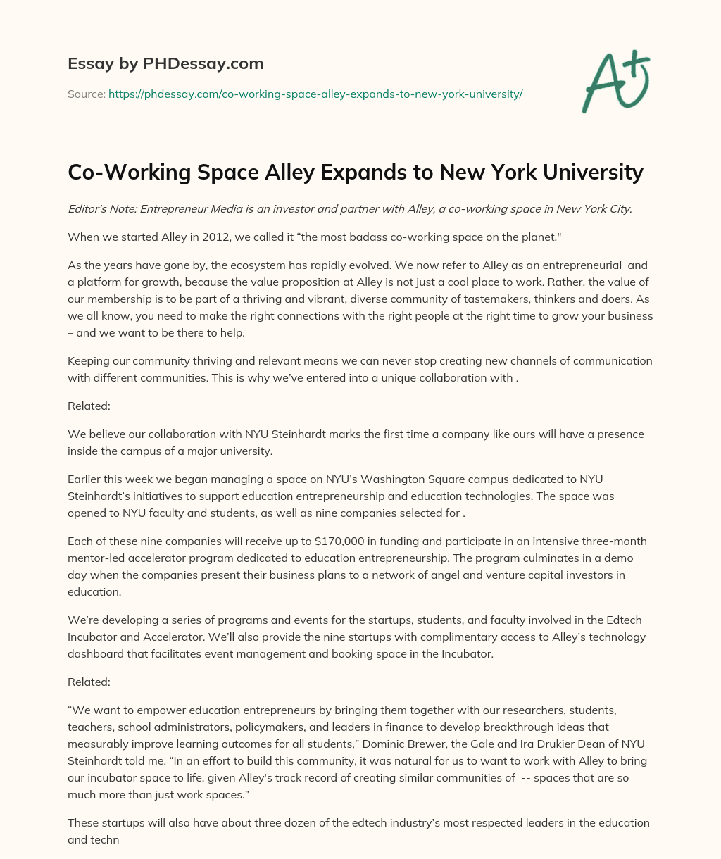 Co-Working Space Alley Expands to New York University essay