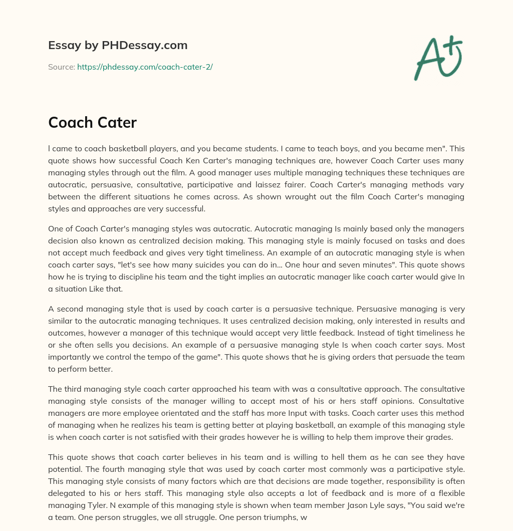Coach Carter’s Successful Managing Techniques essay