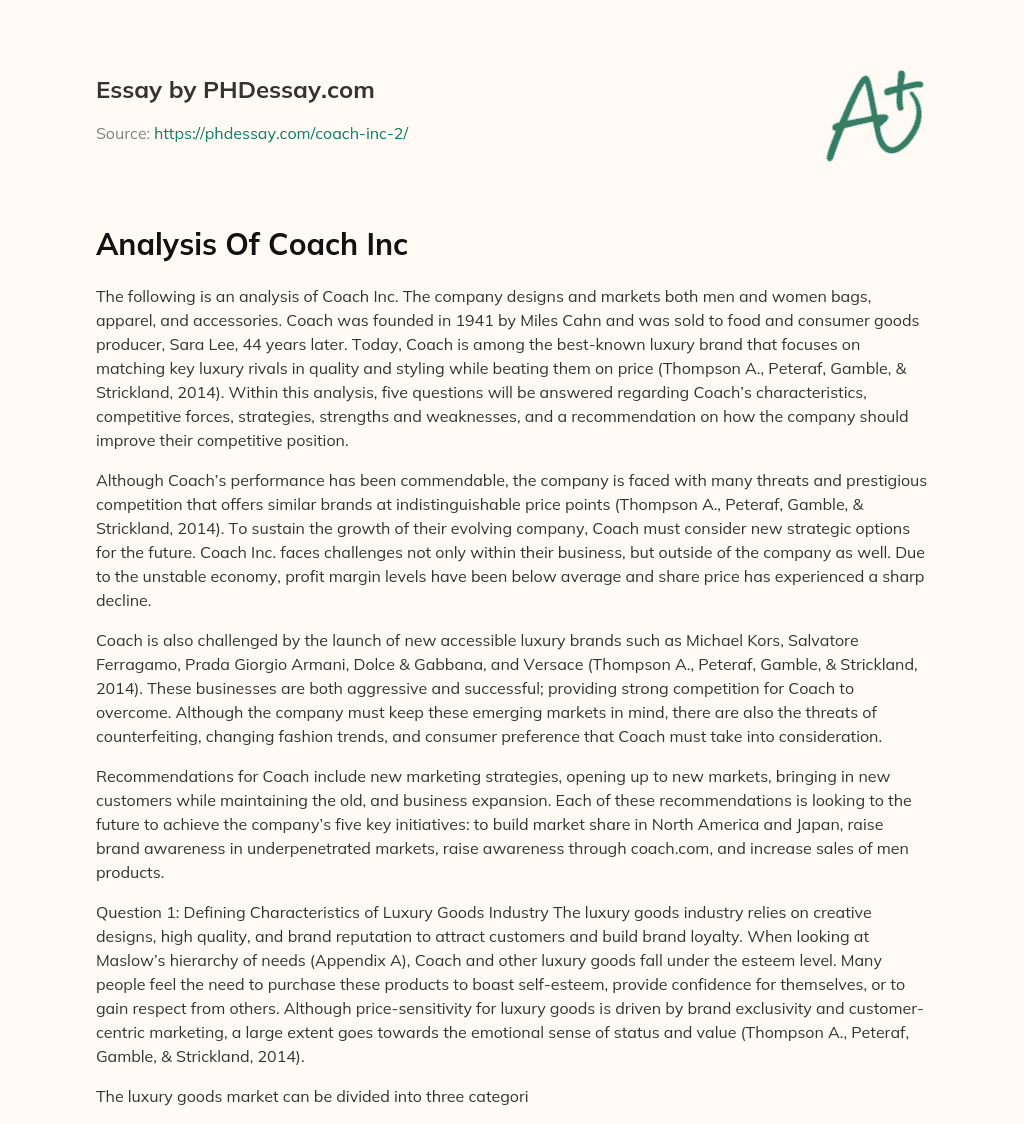 Analysis Of Coach Inc essay