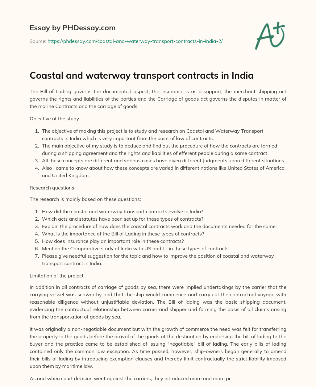 Coastal and waterway transport contracts in India essay