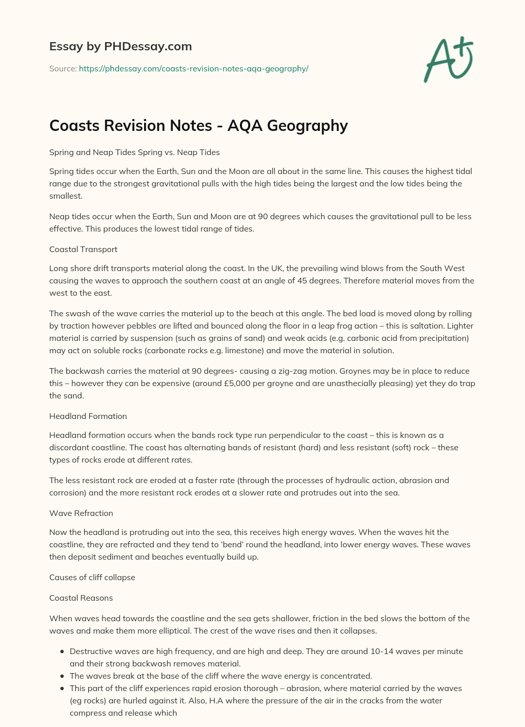 Coasts Revision Notes – AQA Geography essay