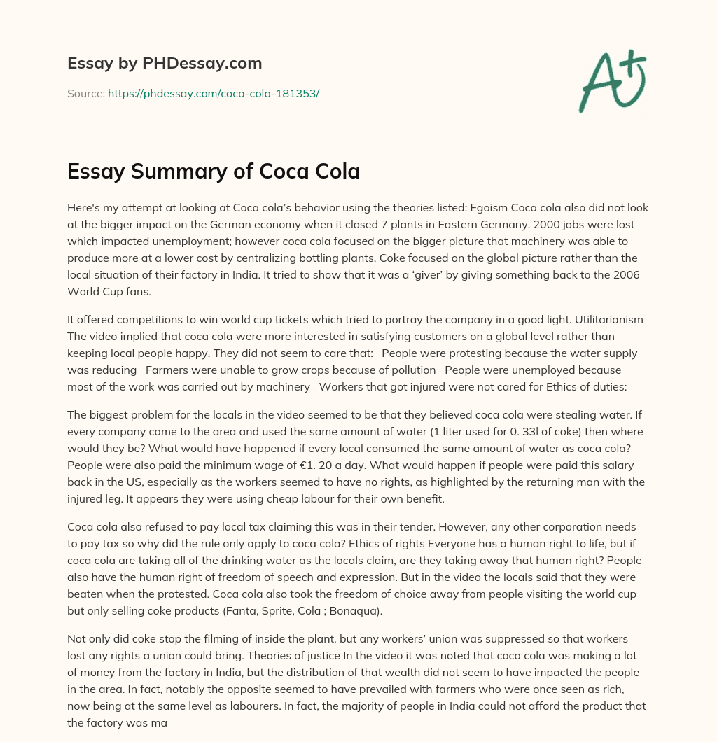 Essay Summary of Coca Cola essay
