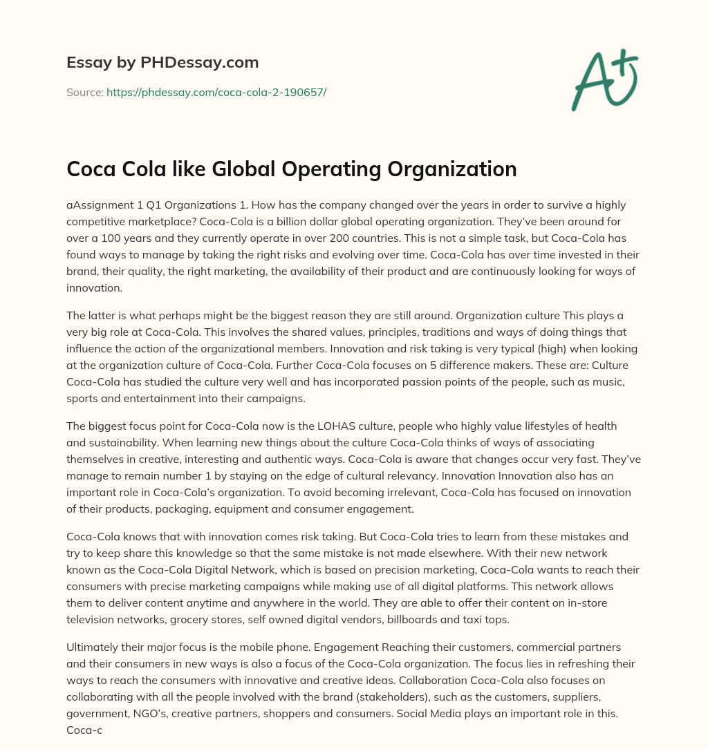 Coca Cola like Global Operating Organization essay