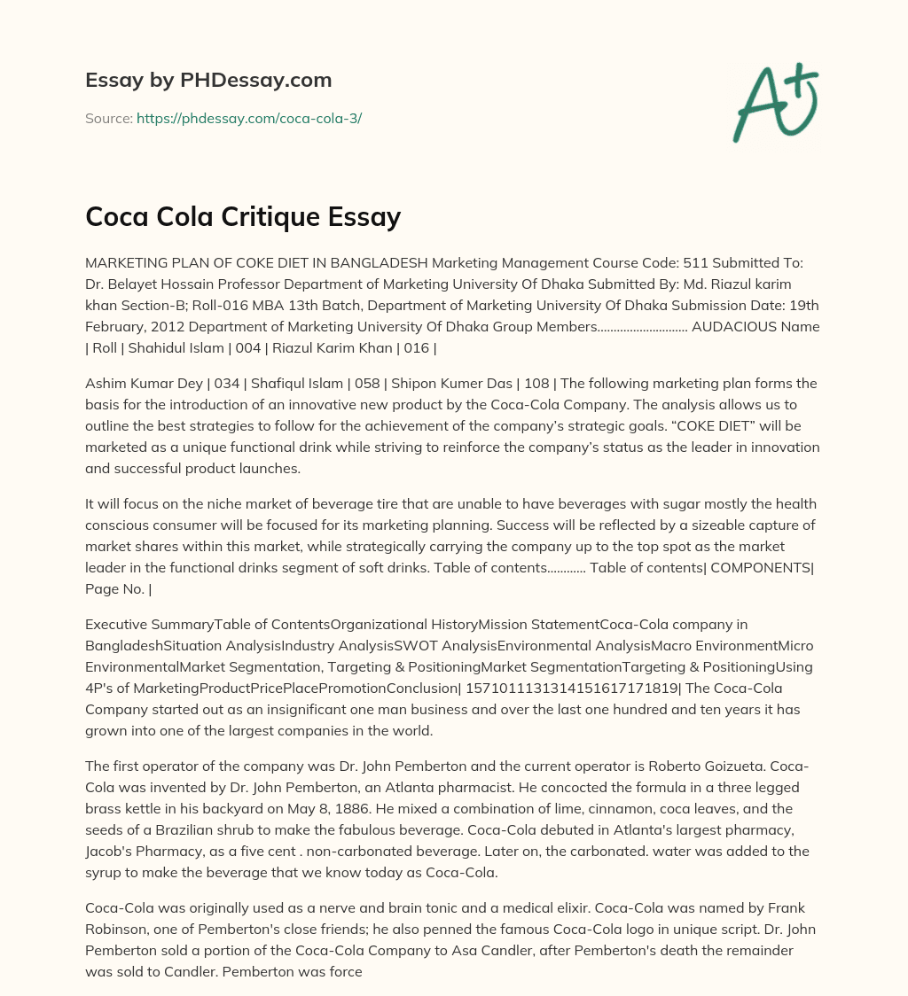 Coca Cola Critique Essay essay