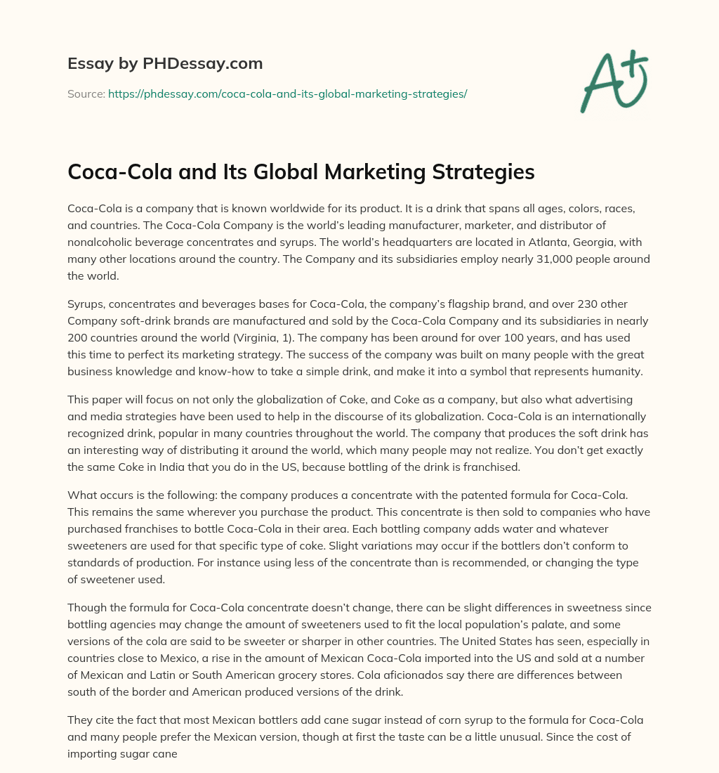 Coca-Cola and Its Global Marketing Strategies essay