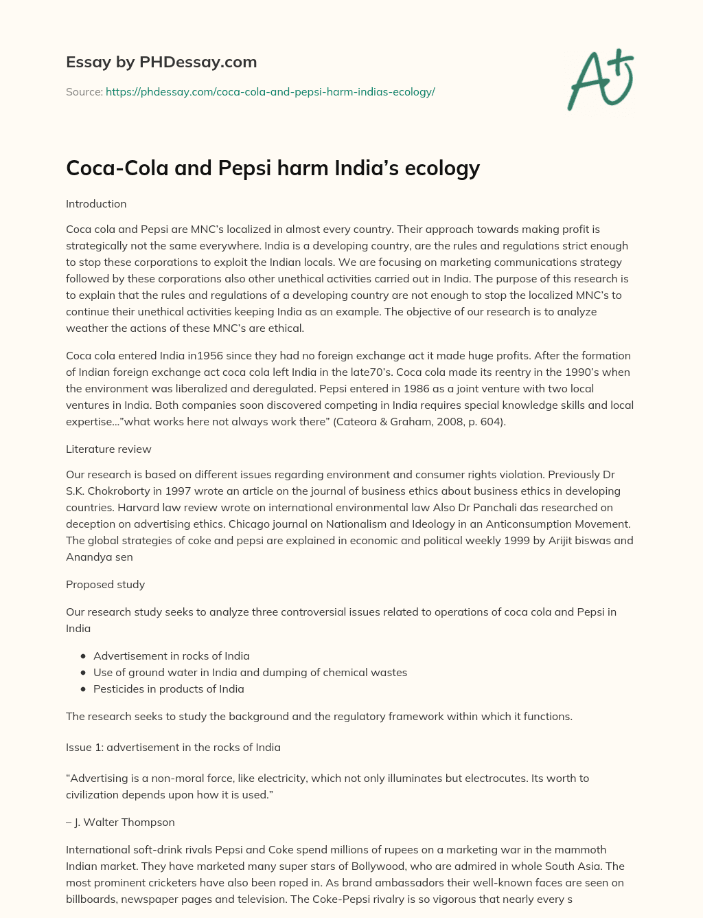 Coca-Cola and Pepsi harm India’s ecology essay