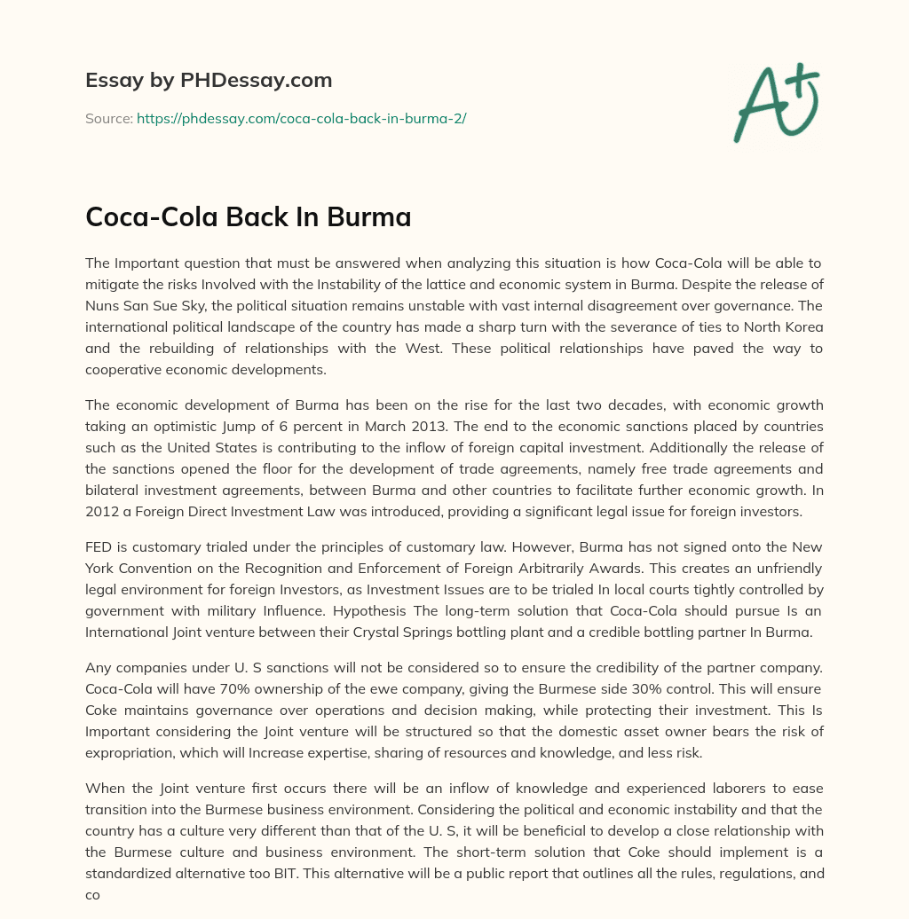 Coca-Cola Back In Burma essay