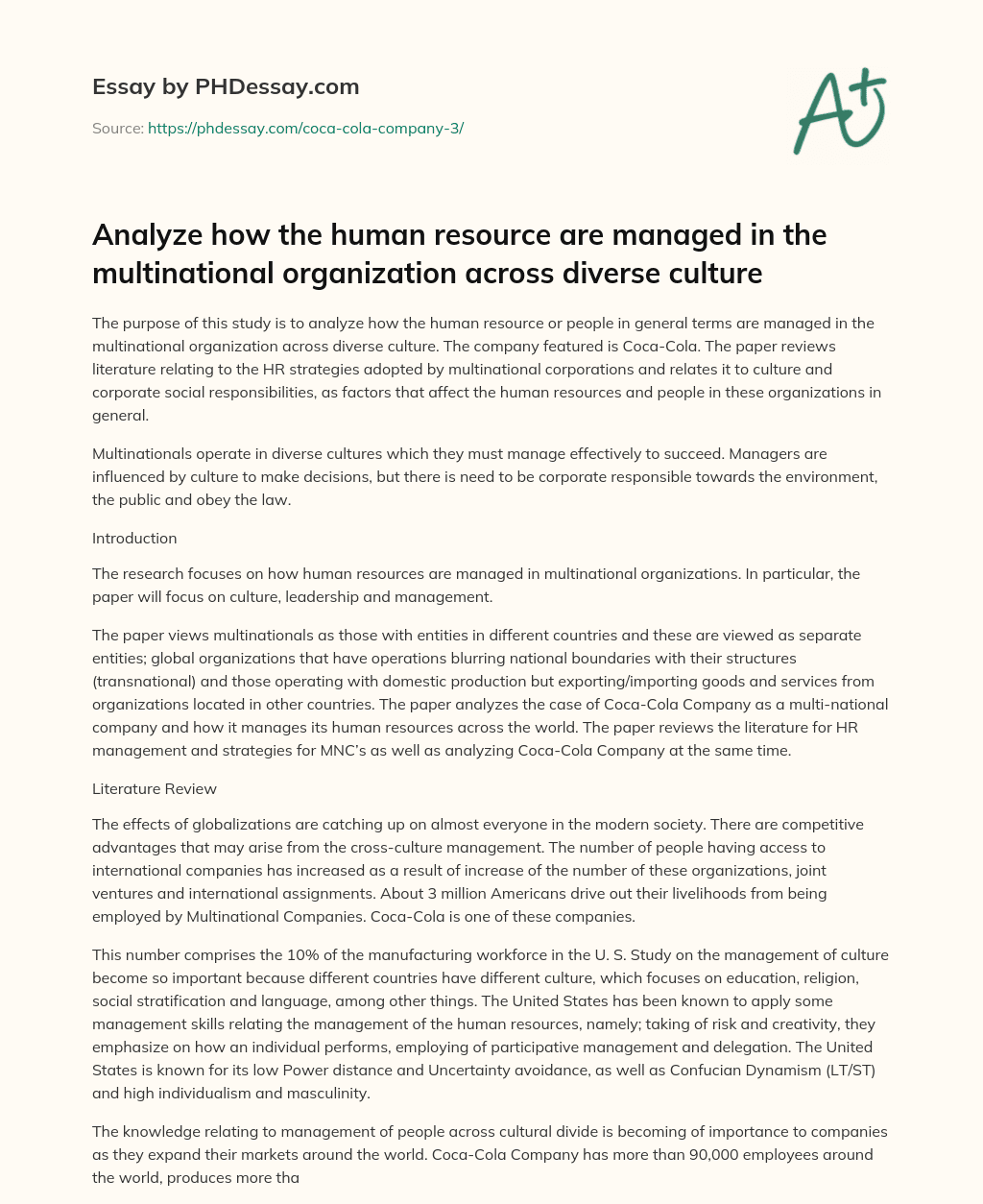 Managing Human Resources in Multinational Organizations: A Focus on Culture and Corporate Social Responsibility essay