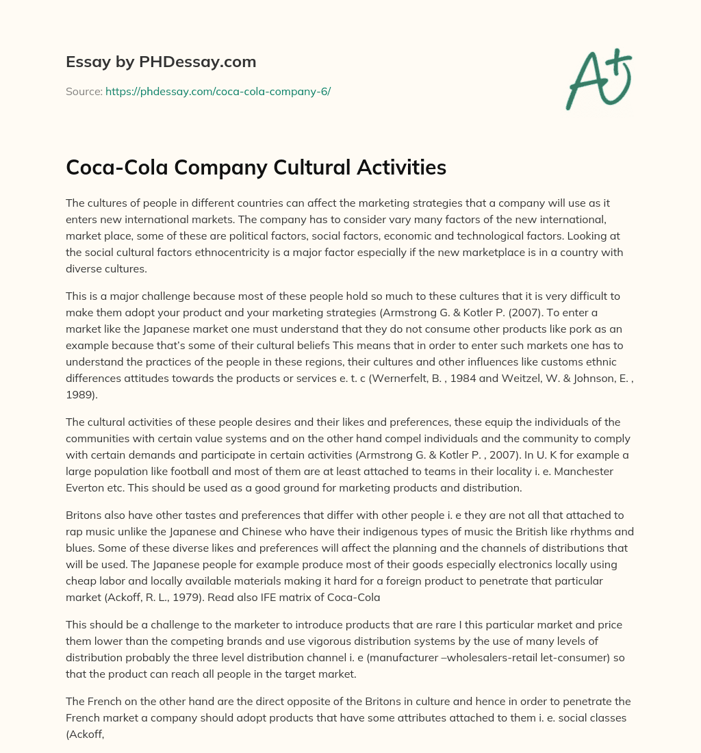 Coca-Cola Company Cultural Activities essay
