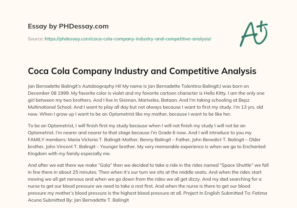 Coca Cola Company Industry and Competitive Analysis essay