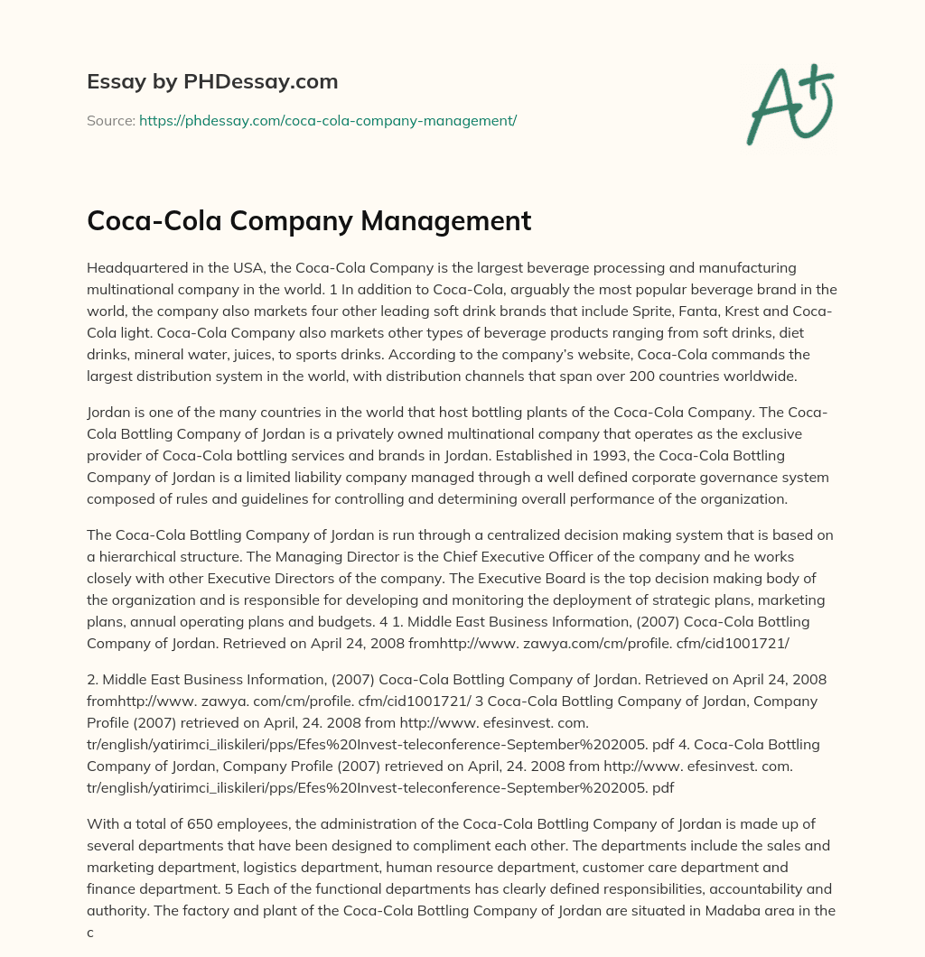 Coca-Cola Company Management essay