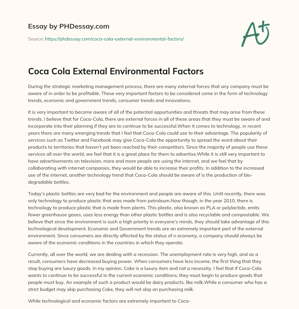 Coca Cola External Environmental Factors essay