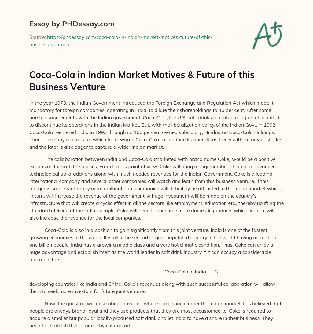 Coca-Cola in Indian Market Motives & Future of this Business Venture essay